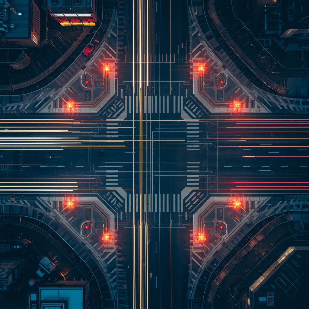 Aerial view of a modern smart city intersection with adaptive traffic light systems, sensor arrays embedded in road surface, flowing vehicle trails as light streaks, high-tech urban photography, no people